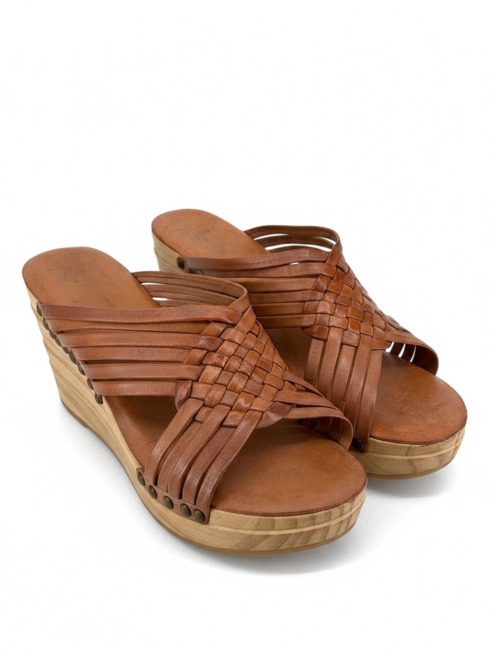 Beek Woven Leather Wooden Platform Wedge Sandals Boho Cognac Slide Clogs Size 8